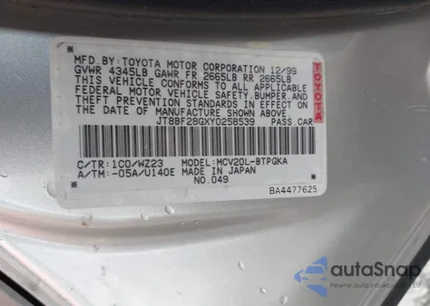 2000 Lexus Es 300 from USA, damaged, VIN JT8BF28GXY0258539